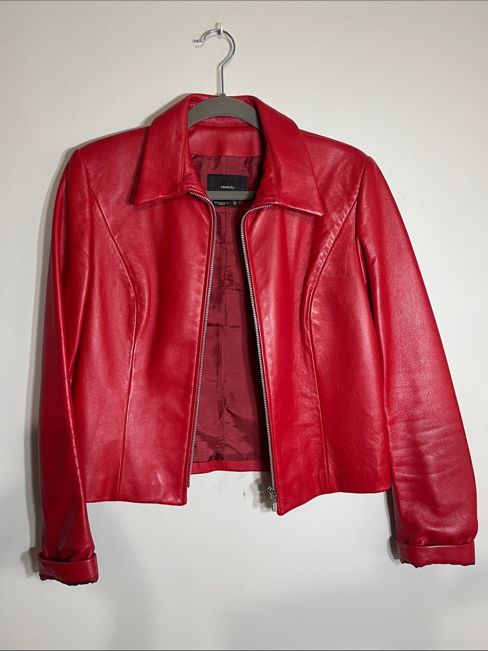 Women's Red Leather Zip-Front Jacket by identify